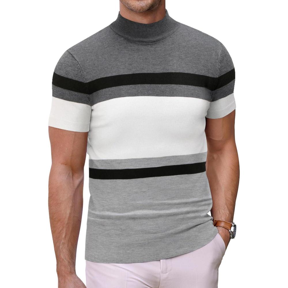 imageCOOFANDY Mens Mock Turtleneck Sweater Short Sleeve Casual Dress Sweater Slim Fit Pullover Basic Knit TeeGray Stripe