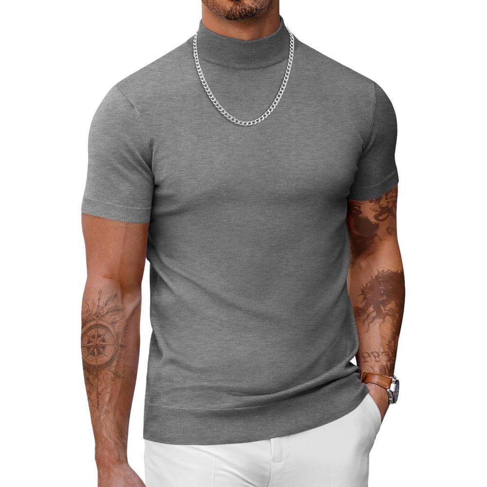 imageCOOFANDY Mens Mock Turtleneck Sweater Short Sleeve Casual Dress Sweater Slim Fit Pullover Basic Knit TeeGrey