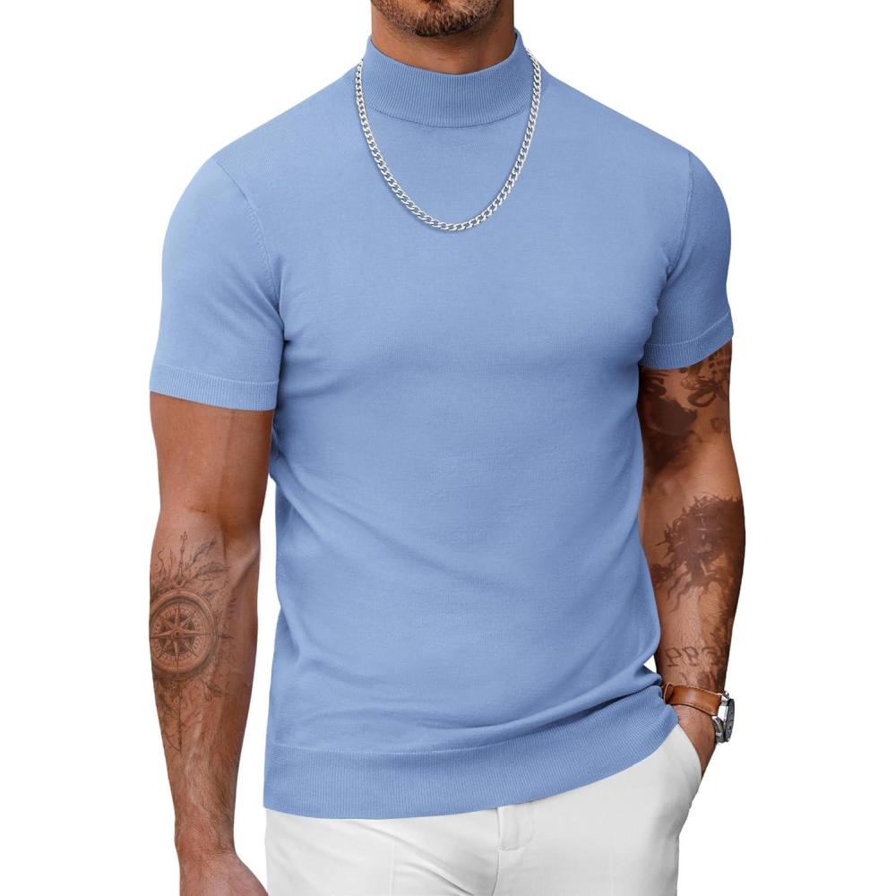 imageCOOFANDY Mens Mock Turtleneck Sweater Short Sleeve Casual Dress Sweater Slim Fit Pullover Basic Knit TeeLight Blue