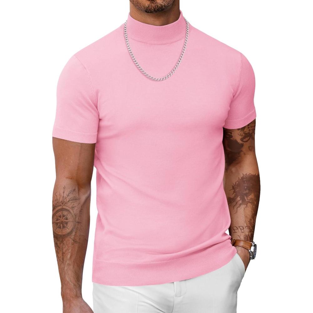 imageCOOFANDY Mens Mock Turtleneck Sweater Short Sleeve Casual Dress Sweater Slim Fit Pullover Basic Knit TeePink