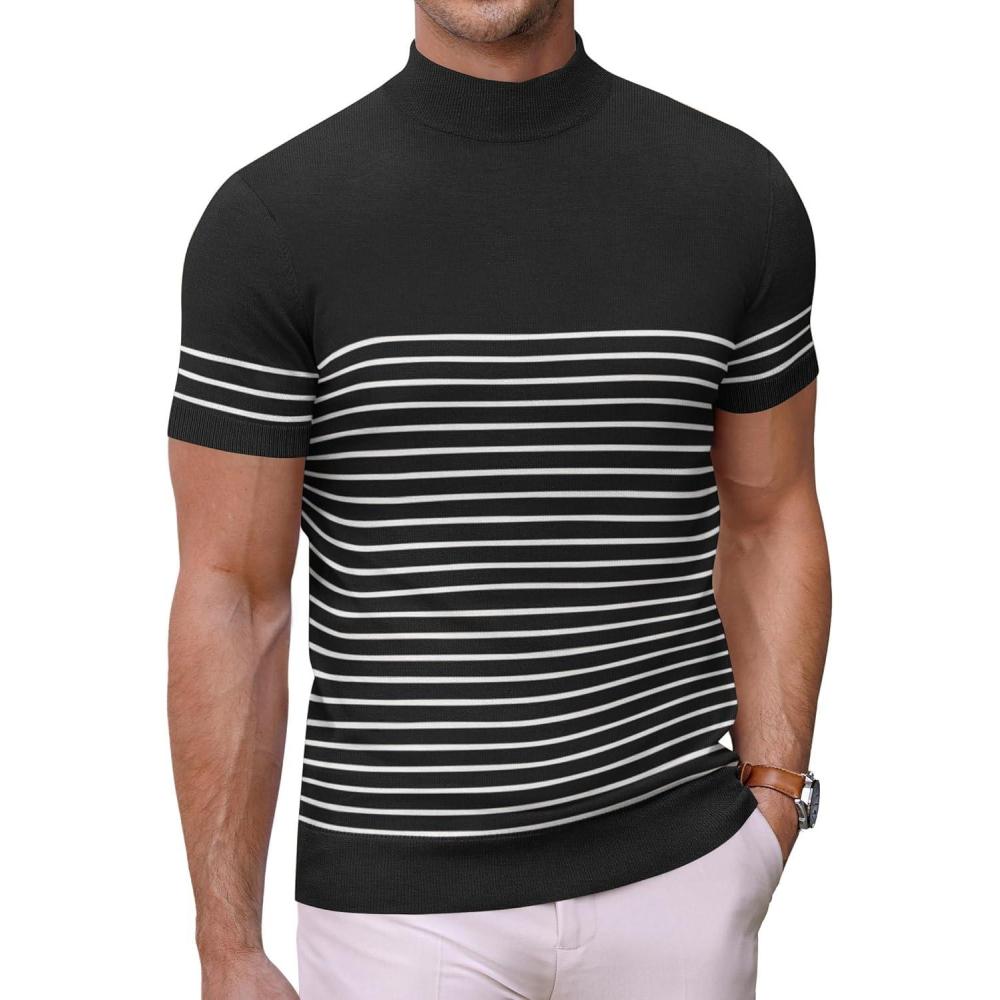 imageCOOFANDY Mens Mock Turtleneck Sweater Short Sleeve Casual Dress Sweater Slim Fit Pullover Basic Knit TeeStriped Black  White