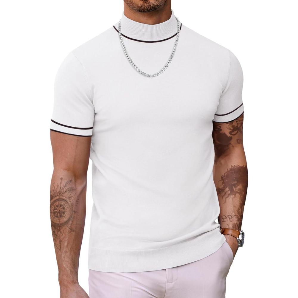 imageCOOFANDY Mens Mock Turtleneck Sweater Short Sleeve Casual Dress Sweater Slim Fit Pullover Basic Knit TeeStriped White