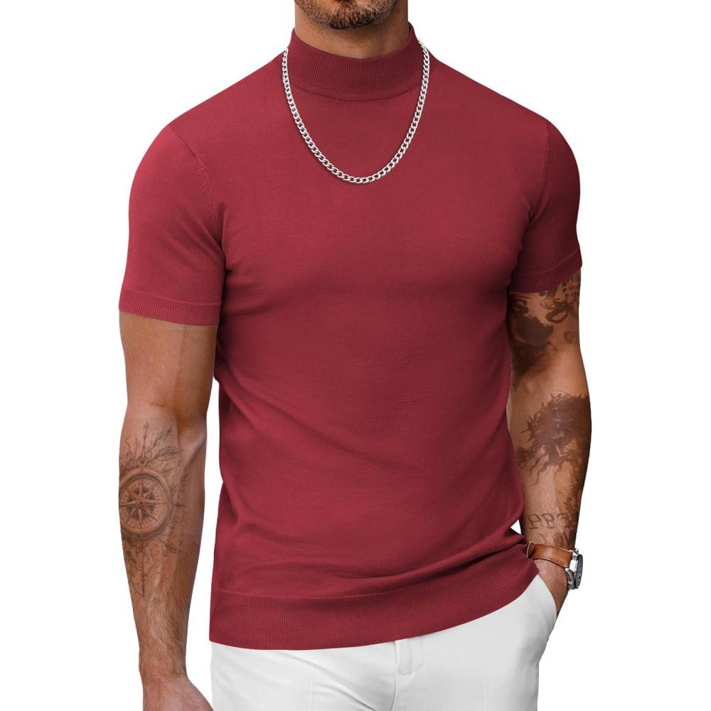 imageCOOFANDY Mens Mock Turtleneck Sweater Short Sleeve Casual Dress Sweater Slim Fit Pullover Basic Knit TeeWine Red