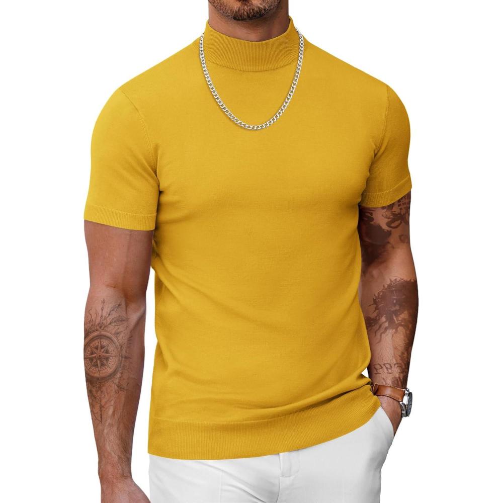 imageCOOFANDY Mens Mock Turtleneck Sweater Short Sleeve Casual Dress Sweater Slim Fit Pullover Basic Knit TeeYellow