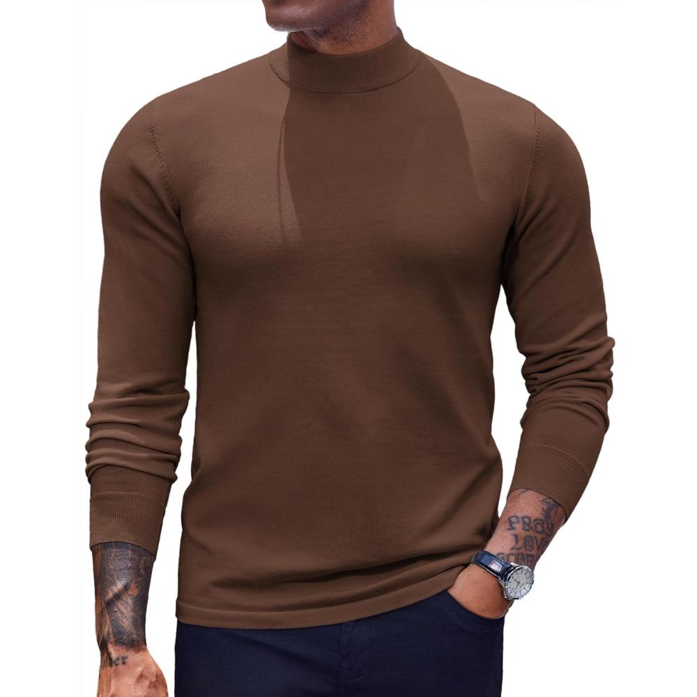 imageCOOFANDY Mens Mock Turtleneck Sweaters Long Sleeve Casual Knit Shirts Half Neck Thermal Lightweight Pullover SweaterBrown