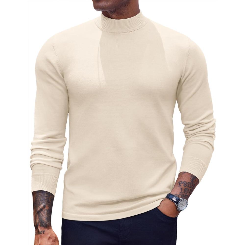 imageCOOFANDY Mens Mock Turtleneck Sweaters Long Sleeve Casual Knit Shirts Half Neck Thermal Lightweight Pullover SweaterCream