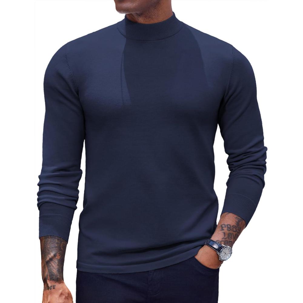 imageCOOFANDY Mens Mock Turtleneck Sweaters Long Sleeve Casual Knit Shirts Half Neck Thermal Lightweight Pullover SweaterDark Blue