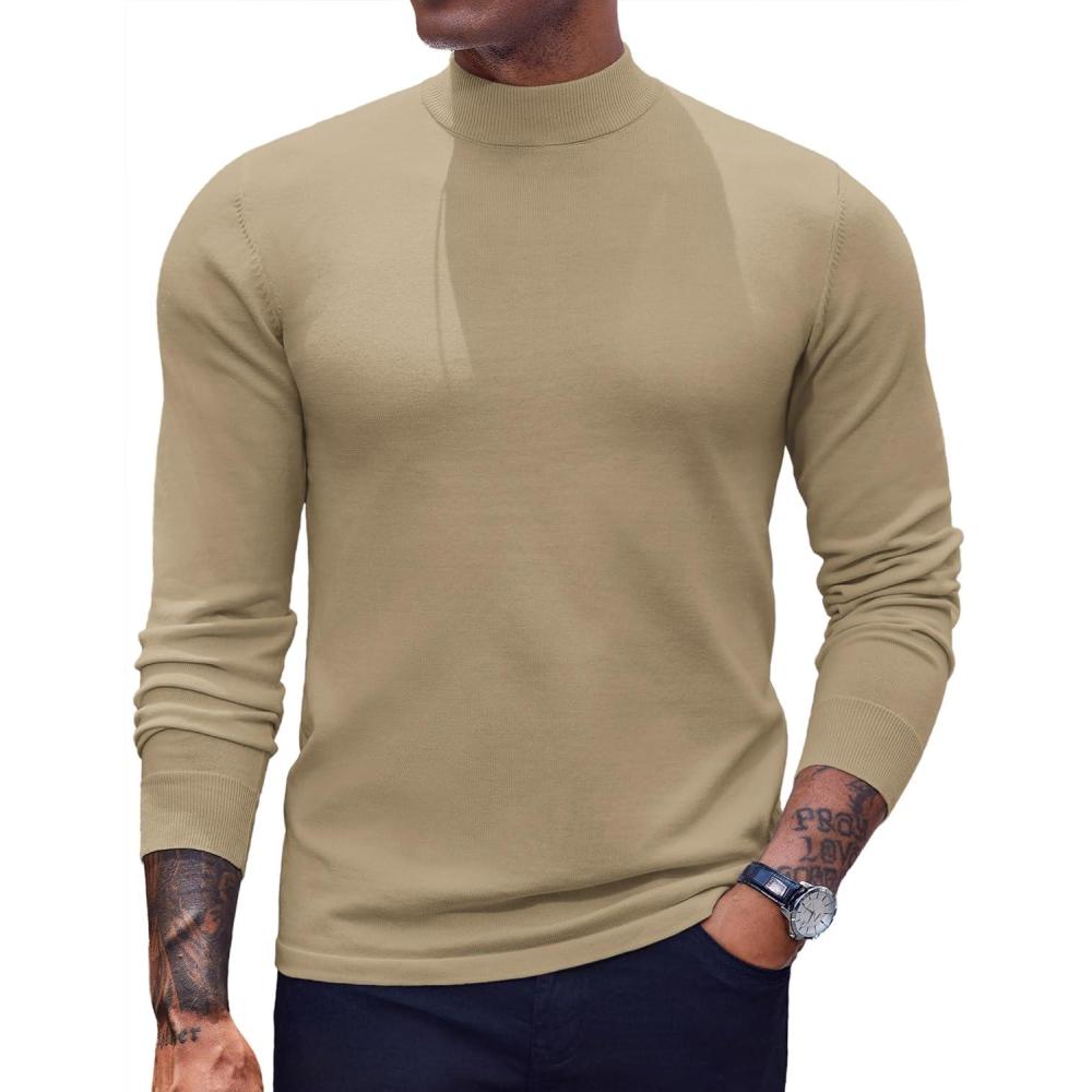 imageCOOFANDY Mens Mock Turtleneck Sweaters Long Sleeve Casual Knit Shirts Half Neck Thermal Lightweight Pullover SweaterKhaki