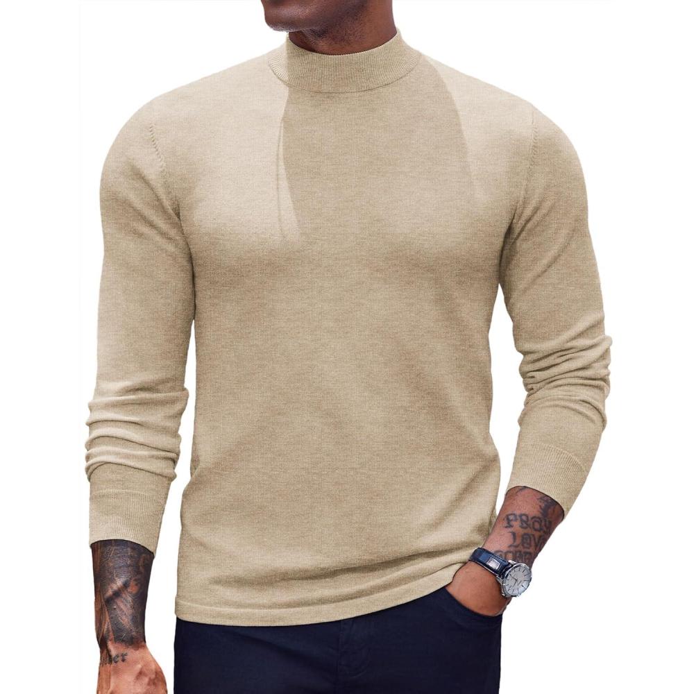 imageCOOFANDY Mens Mock Turtleneck Sweaters Long Sleeve Casual Knit Shirts Half Neck Thermal Lightweight Pullover SweaterLight Khaki