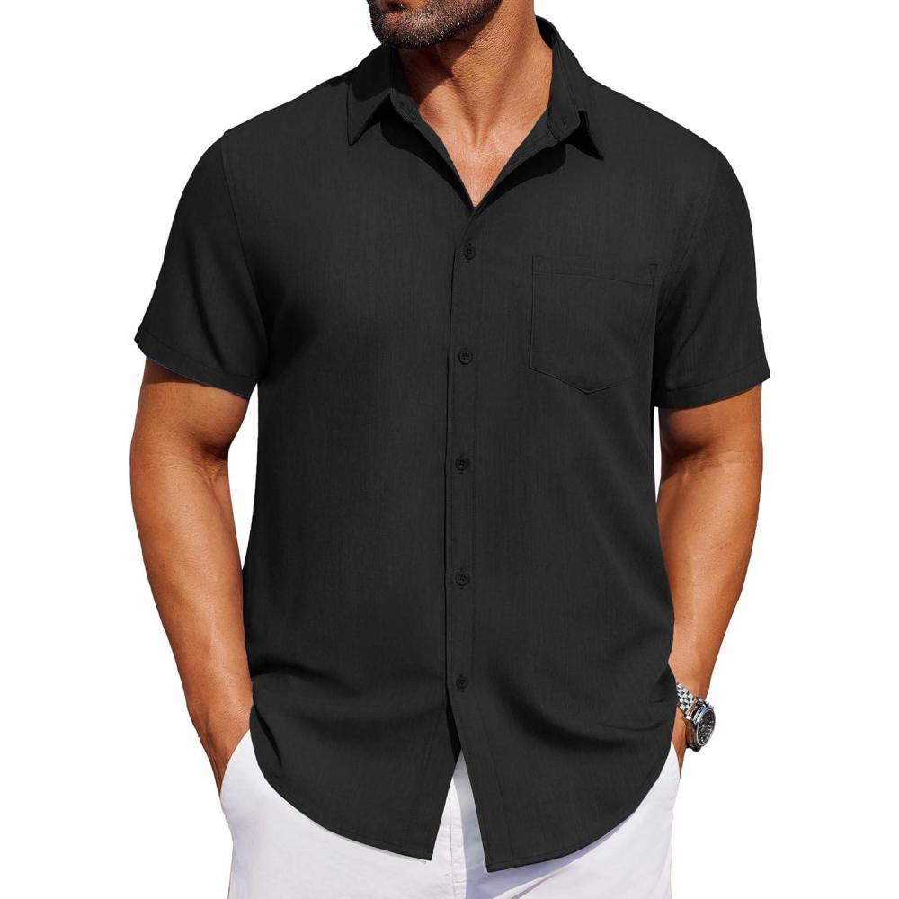 imageCOOFANDY Mens Muscle Fit Dress Shirts WrinkleFree Short Sleeve Casual Button Down ShirtBblack