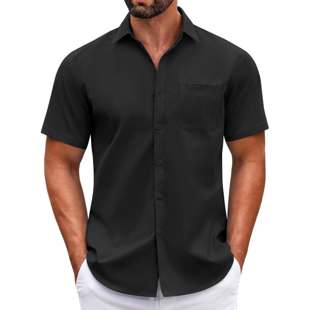 imageCOOFANDY Mens Muscle Fit Dress Shirts WrinkleFree Short Sleeve Casual Button Down ShirtBlack