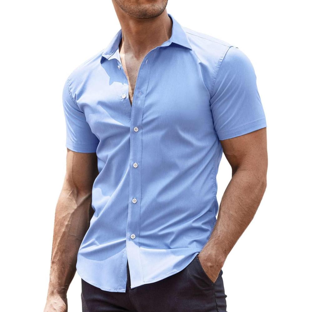 imageCOOFANDY Mens Muscle Fit Dress Shirts WrinkleFree Short Sleeve Casual Button Down ShirtBlue