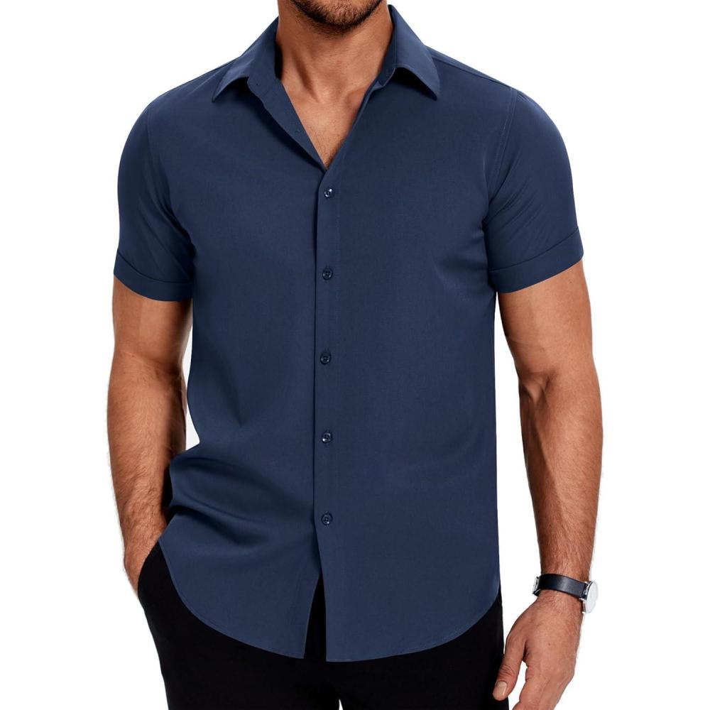 imageCOOFANDY Mens Muscle Fit Dress Shirts WrinkleFree Short Sleeve Casual Button Down ShirtBlue Violet