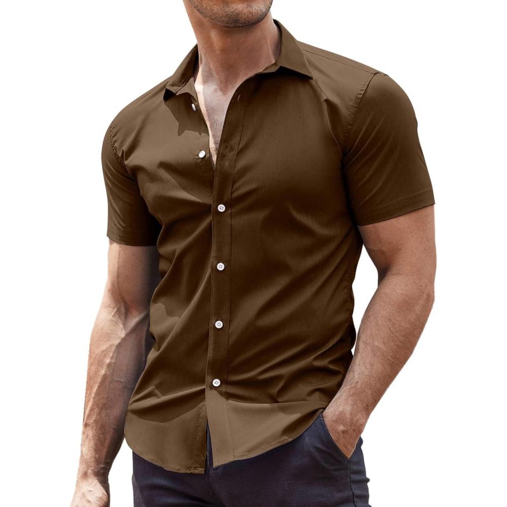 imageCOOFANDY Mens Muscle Fit Dress Shirts WrinkleFree Short Sleeve Casual Button Down ShirtBrown