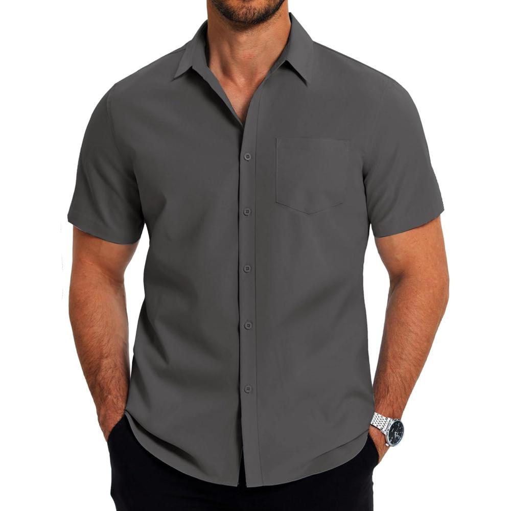 imageCOOFANDY Mens Muscle Fit Dress Shirts WrinkleFree Short Sleeve Casual Button Down ShirtDark Gray