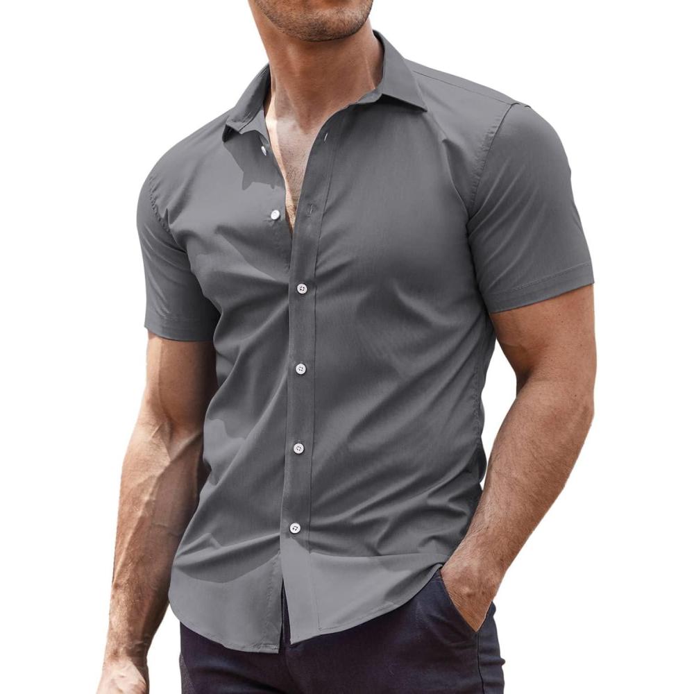 imageCOOFANDY Mens Muscle Fit Dress Shirts WrinkleFree Short Sleeve Casual Button Down ShirtGrey