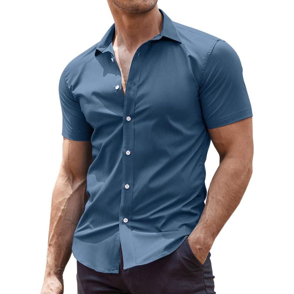 imageCOOFANDY Mens Muscle Fit Dress Shirts WrinkleFree Short Sleeve Casual Button Down ShirtGrey Blue