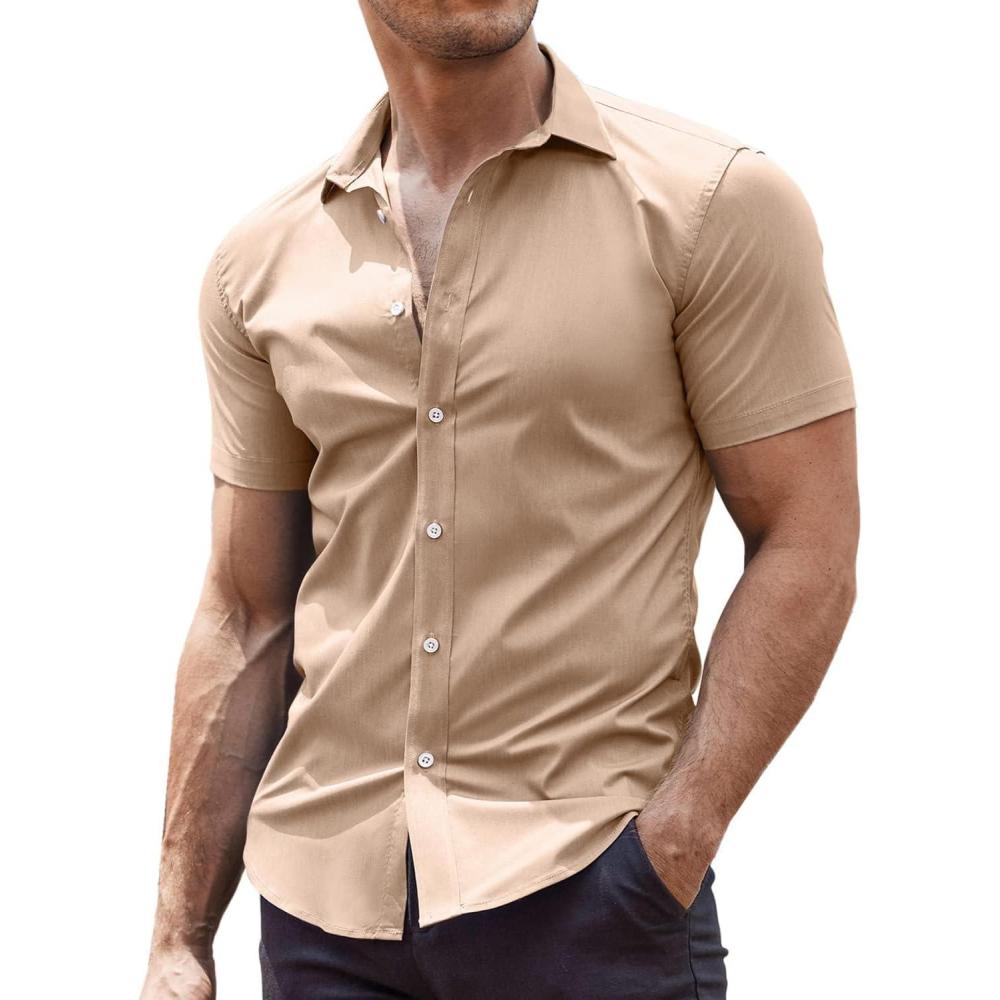 imageCOOFANDY Mens Muscle Fit Dress Shirts WrinkleFree Short Sleeve Casual Button Down ShirtKhaki