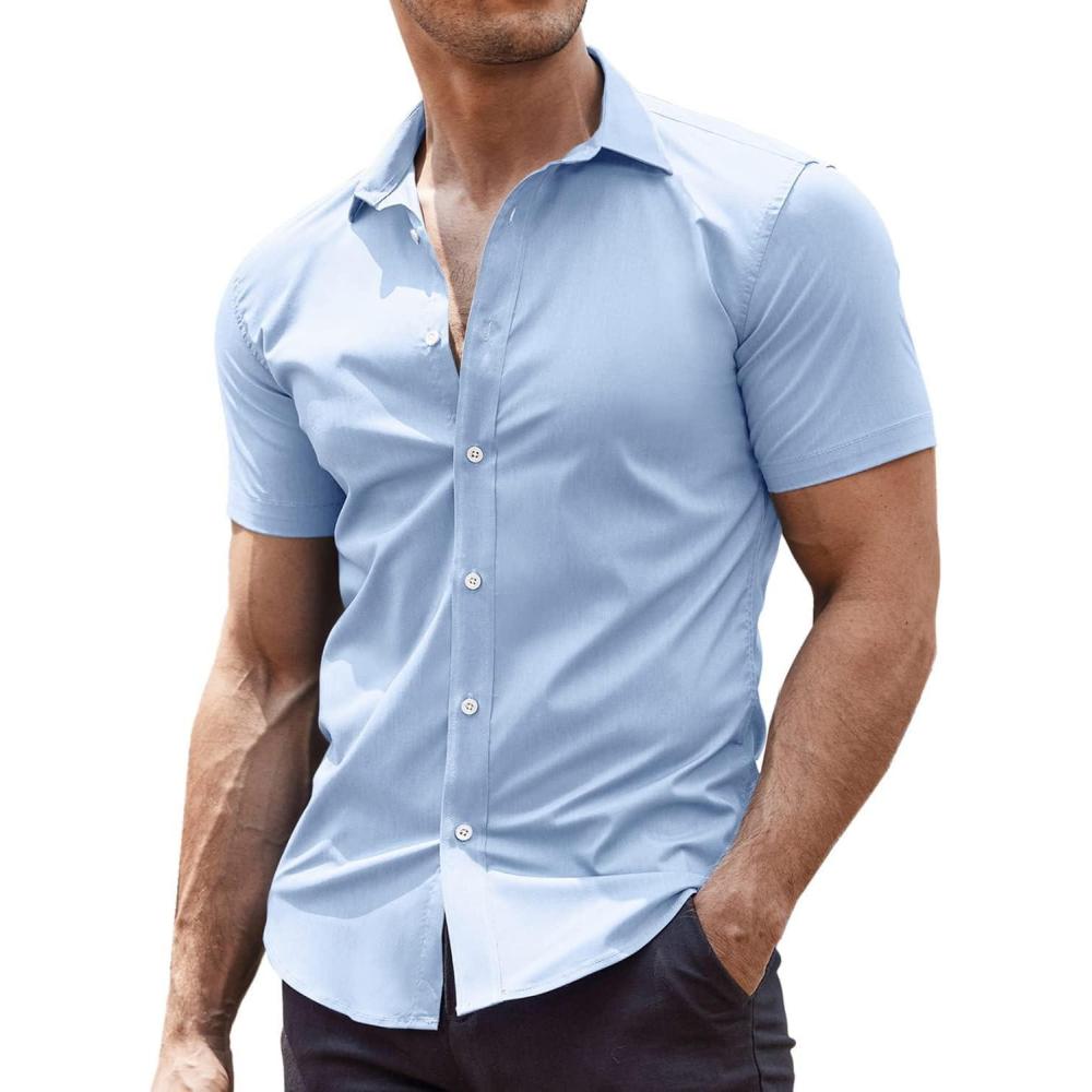 imageCOOFANDY Mens Muscle Fit Dress Shirts WrinkleFree Short Sleeve Casual Button Down ShirtLight Blue