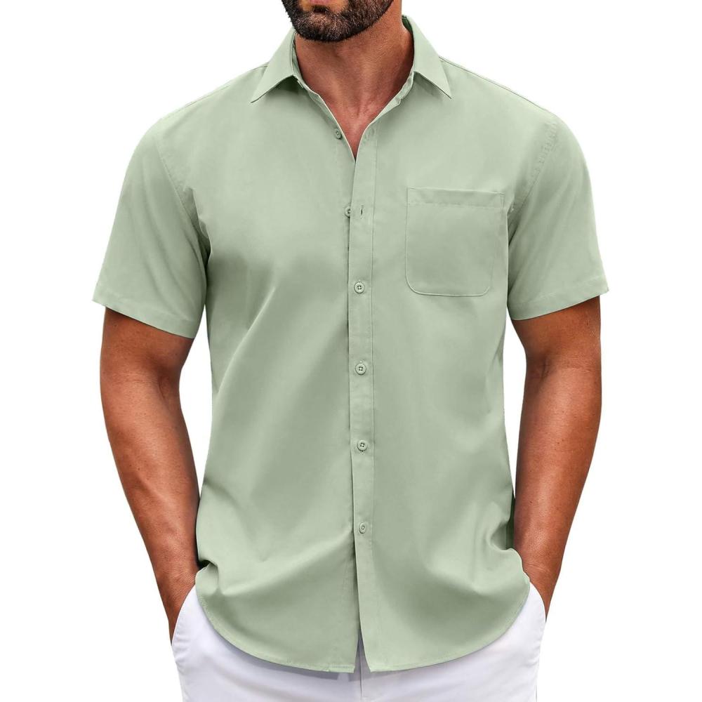 imageCOOFANDY Mens Muscle Fit Dress Shirts WrinkleFree Short Sleeve Casual Button Down ShirtLight Green