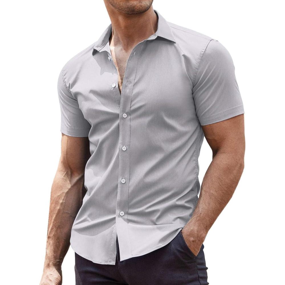 imageCOOFANDY Mens Muscle Fit Dress Shirts WrinkleFree Short Sleeve Casual Button Down ShirtLight Grey