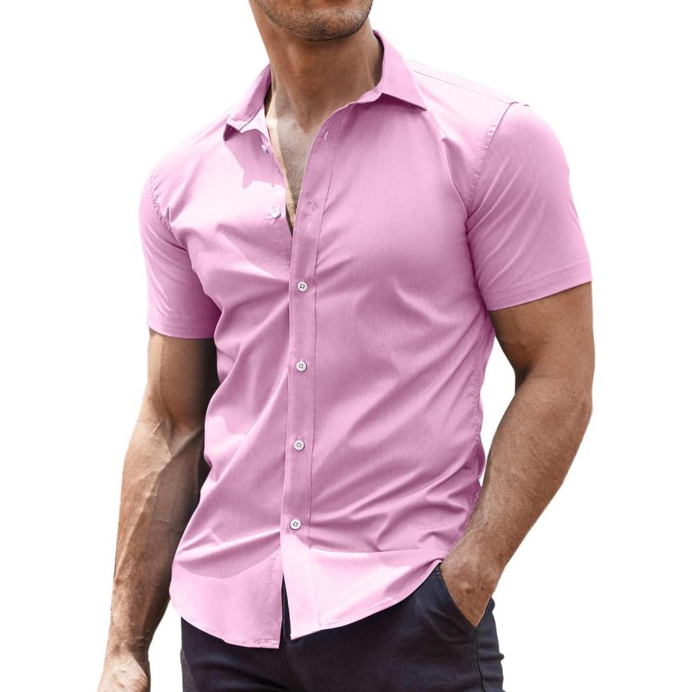 imageCOOFANDY Mens Muscle Fit Dress Shirts WrinkleFree Short Sleeve Casual Button Down ShirtLight Pink