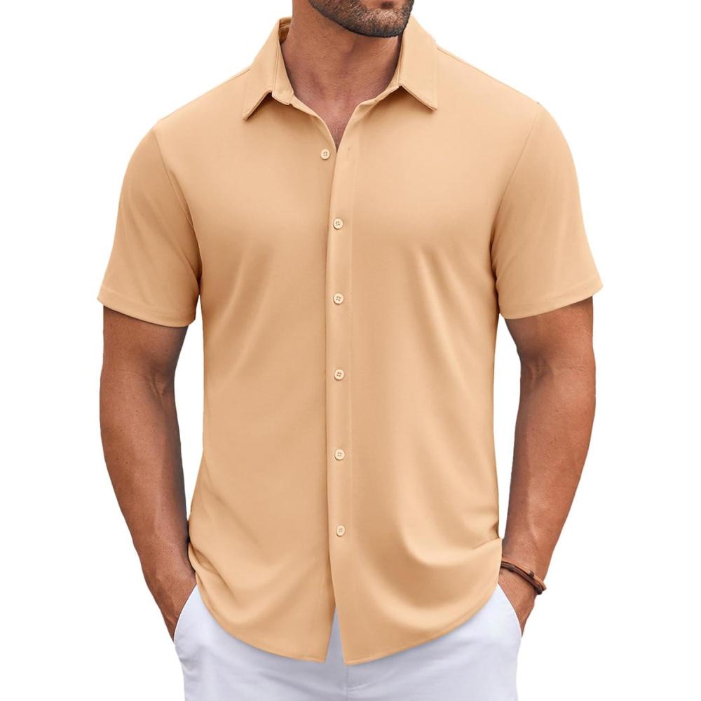 imageCOOFANDY Mens Muscle Fit Dress Shirts WrinkleFree Short Sleeve Casual Button Down ShirtLight Tan