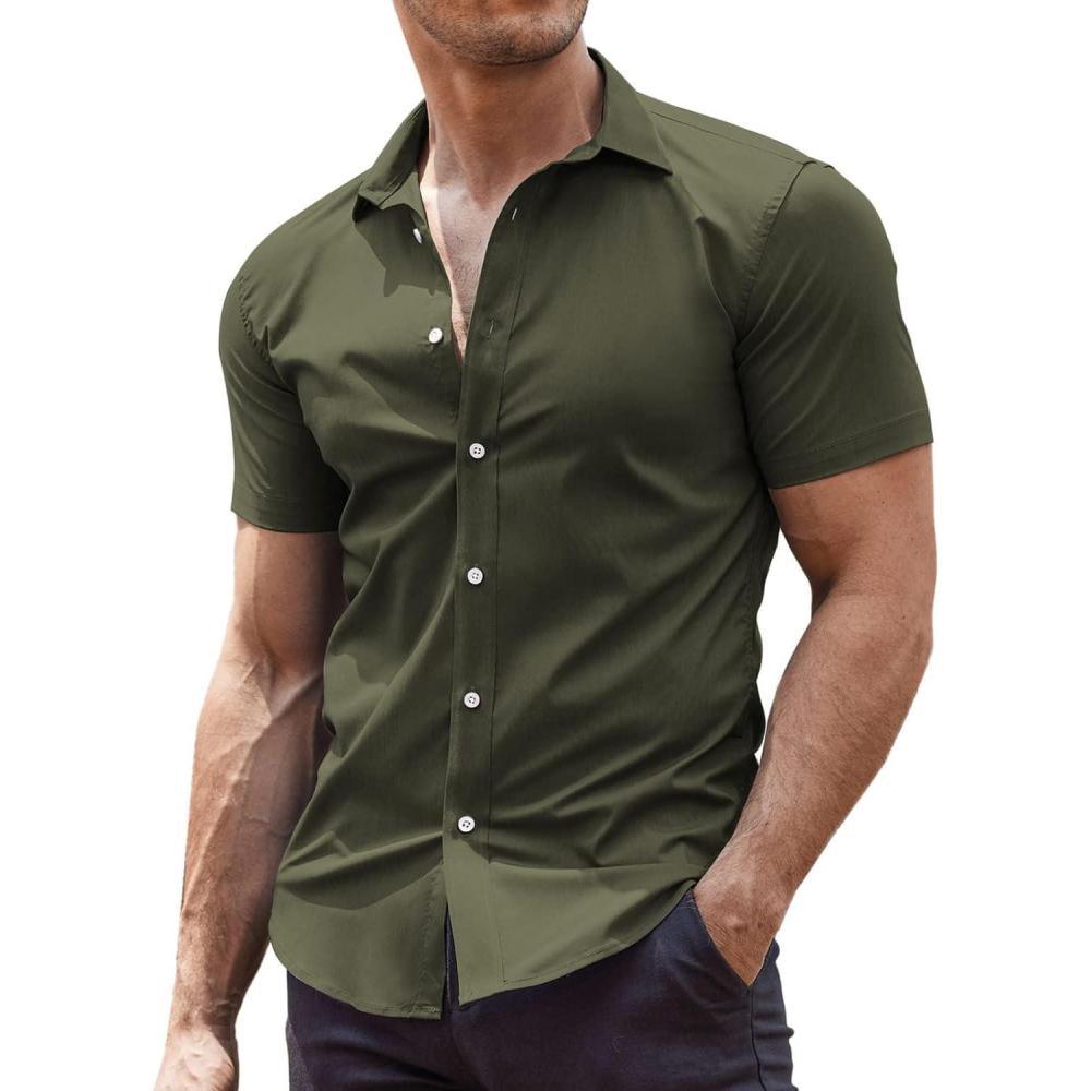 imageCOOFANDY Mens Muscle Fit Dress Shirts WrinkleFree Short Sleeve Casual Button Down ShirtOlive Green
