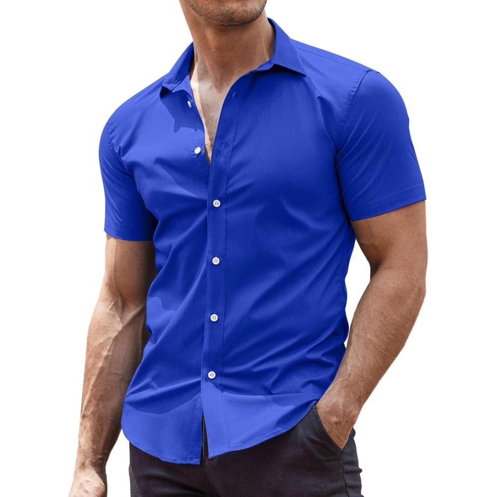 imageCOOFANDY Mens Muscle Fit Dress Shirts WrinkleFree Short Sleeve Casual Button Down ShirtRoyal Blue