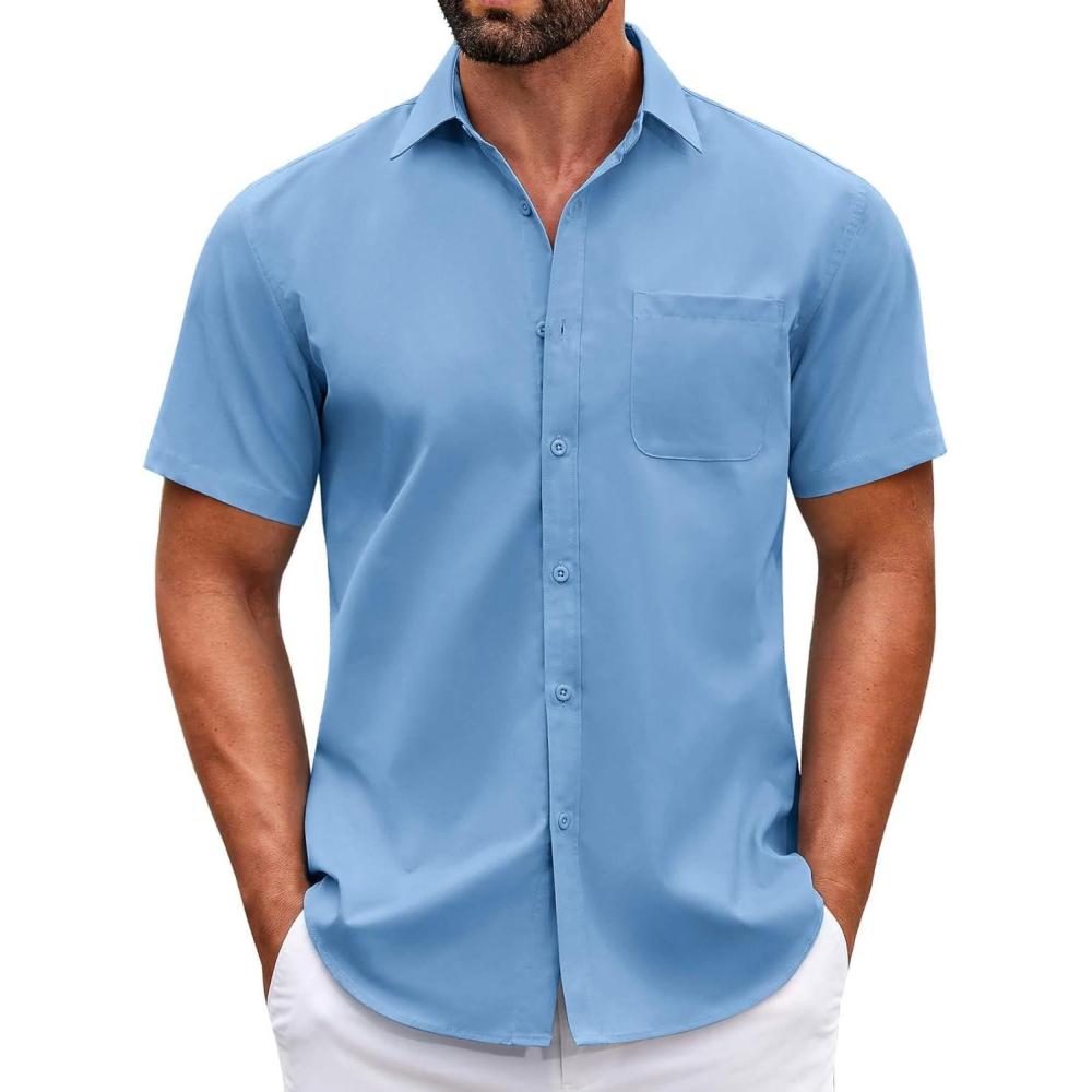 imageCOOFANDY Mens Muscle Fit Dress Shirts WrinkleFree Short Sleeve Casual Button Down ShirtSky Blue