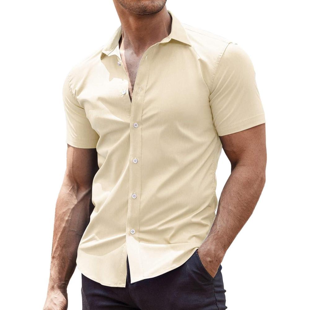 imageCOOFANDY Mens Muscle Fit Dress Shirts WrinkleFree Short Sleeve Casual Button Down ShirtStone