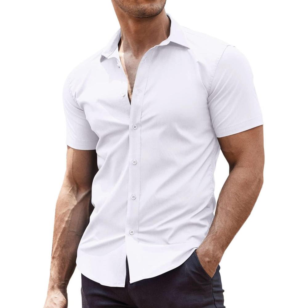 imageCOOFANDY Mens Muscle Fit Dress Shirts WrinkleFree Short Sleeve Casual Button Down ShirtWhite