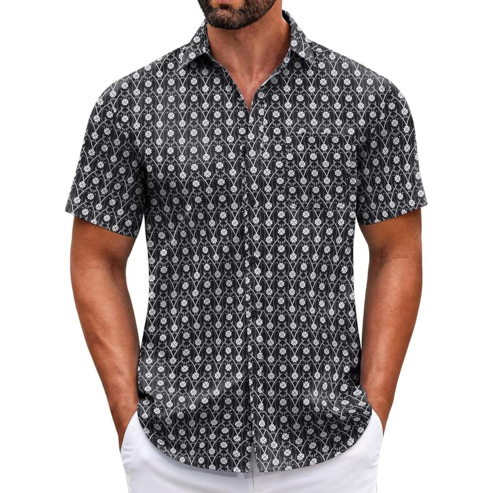 imageCOOFANDY Mens Muscle Fit Dress Shirts WrinkleFree Short Sleeve Casual Button Down ShirtWhite Floralblack