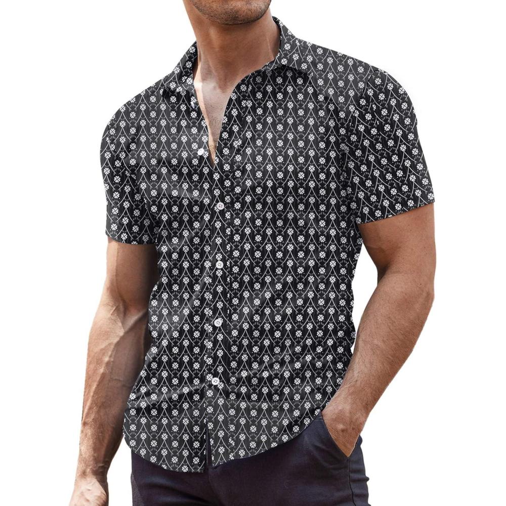 imageCOOFANDY Mens Muscle Fit Dress Shirts WrinkleFree Short Sleeve Casual Button Down ShirtWhite Flowerblack