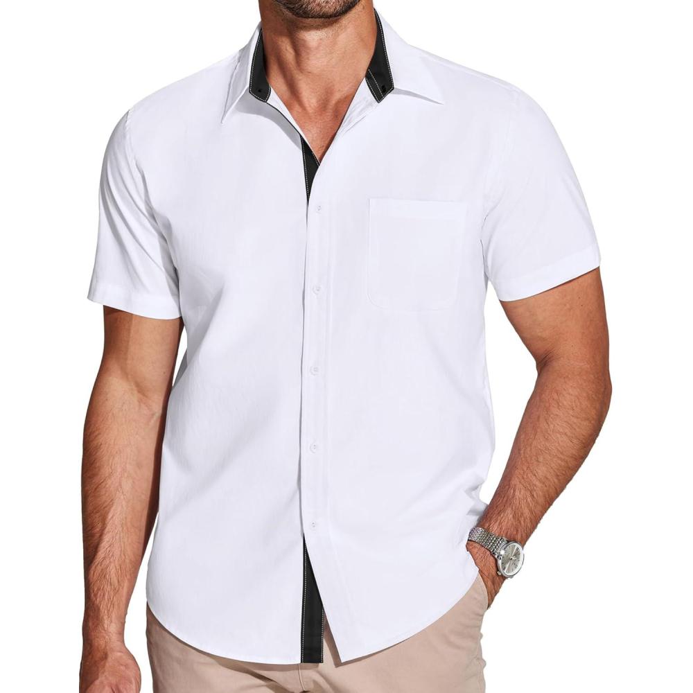 imageCOOFANDY Mens Muscle Fit Dress Shirts WrinkleFree Short Sleeve Casual Button Down ShirtWhiteblack