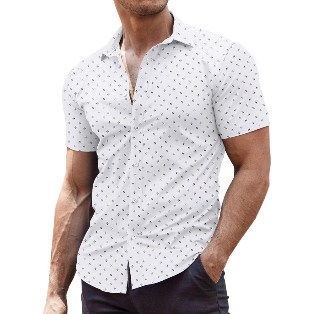 imageCOOFANDY Mens Muscle Fit Dress Shirts WrinkleFree Short Sleeve Casual Button Down ShirtWhiteprint