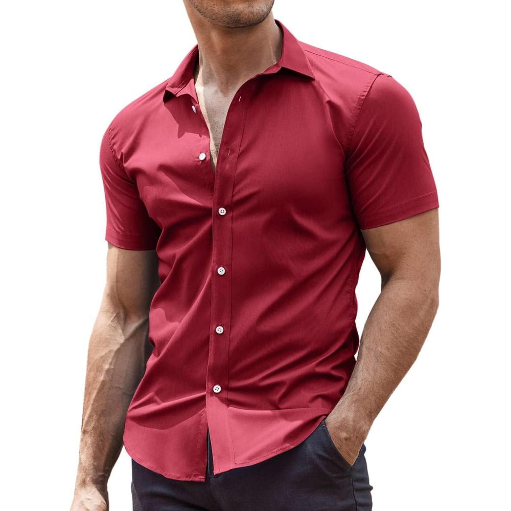 imageCOOFANDY Mens Muscle Fit Dress Shirts WrinkleFree Short Sleeve Casual Button Down ShirtWine Red