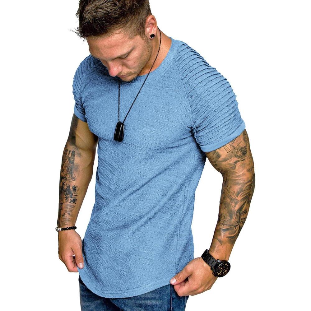 imageCOOFANDY Mens Muscle TShirt Pleated Raglan Sleeve Bodybuilding Gym Tee Short Sleeve Fashion Workout Shirts Hipster ShirtClear Blue