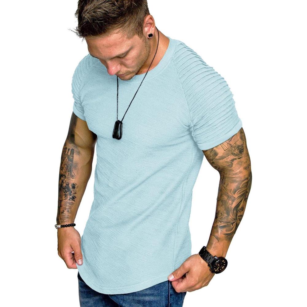 imageCOOFANDY Mens Muscle TShirt Pleated Raglan Sleeve Bodybuilding Gym Tee Short Sleeve Fashion Workout Shirts Hipster ShirtLight Blue