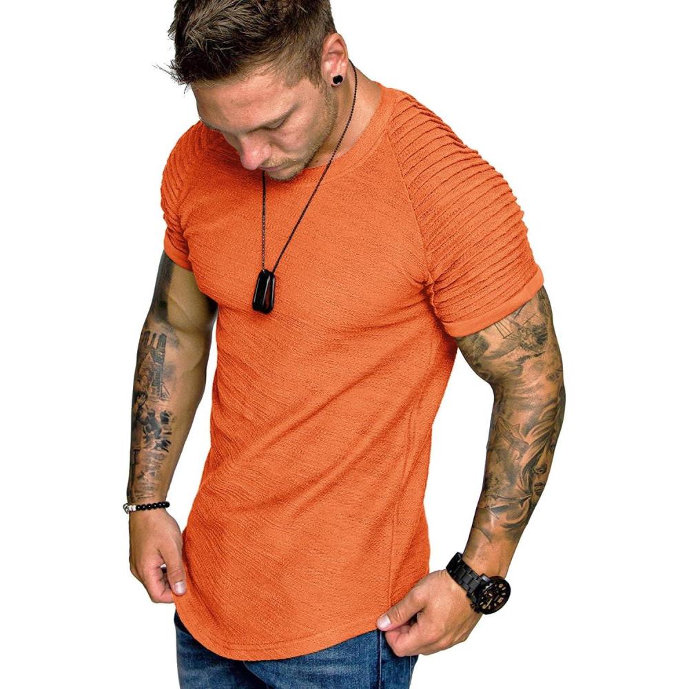 imageCOOFANDY Mens Muscle TShirt Pleated Raglan Sleeve Bodybuilding Gym Tee Short Sleeve Fashion Workout Shirts Hipster ShirtOrange