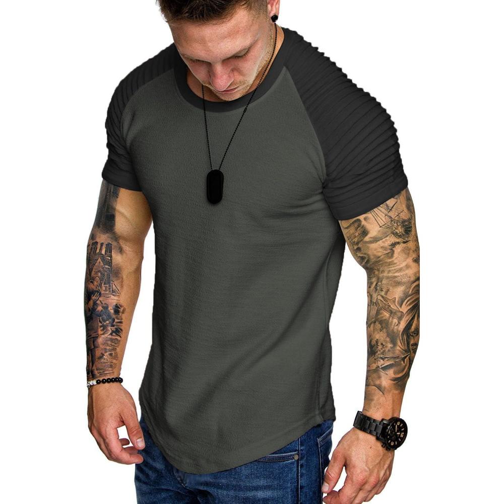 imageCOOFANDY Mens Muscle TShirt Pleated Raglan Sleeve Bodybuilding Gym Tee Short Sleeve Fashion Workout Shirts Hipster ShirtPattern3 Grey Black