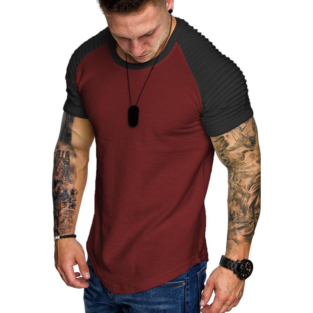 imageCOOFANDY Mens Muscle TShirt Pleated Raglan Sleeve Bodybuilding Gym Tee Short Sleeve Fashion Workout Shirts Hipster ShirtPattern9 Red Black