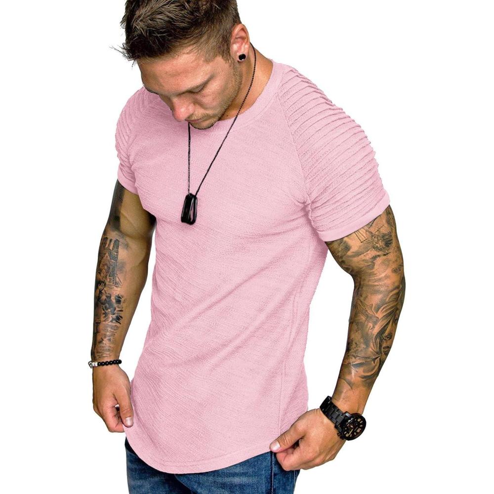 imageCOOFANDY Mens Muscle TShirt Pleated Raglan Sleeve Bodybuilding Gym Tee Short Sleeve Fashion Workout Shirts Hipster ShirtPink