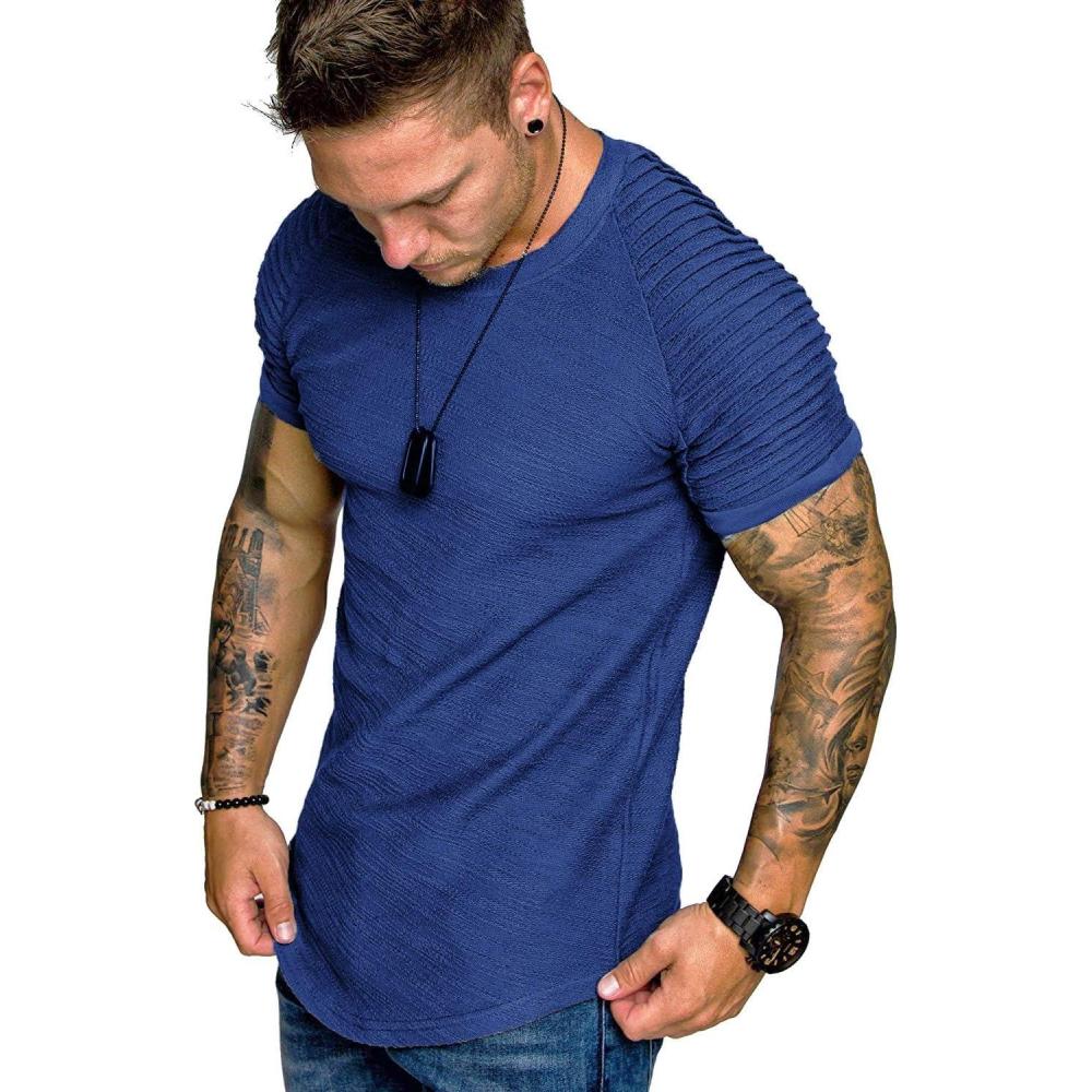 imageCOOFANDY Mens Muscle TShirt Pleated Raglan Sleeve Bodybuilding Gym Tee Short Sleeve Fashion Workout Shirts Hipster ShirtType1 Blue