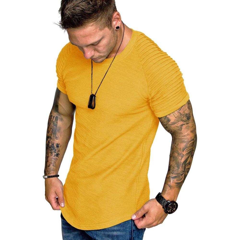 imageCOOFANDY Mens Muscle TShirt Pleated Raglan Sleeve Bodybuilding Gym Tee Short Sleeve Fashion Workout Shirts Hipster ShirtType1 Yellow