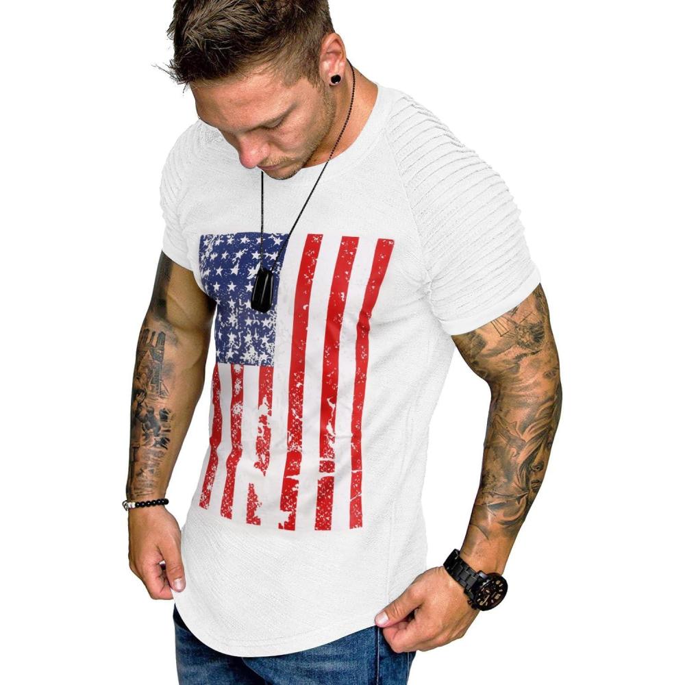 imageCOOFANDY Mens Muscle TShirt Pleated Raglan Sleeve Bodybuilding Gym Tee Short Sleeve Fashion Workout Shirts Hipster ShirtWhite American Flag