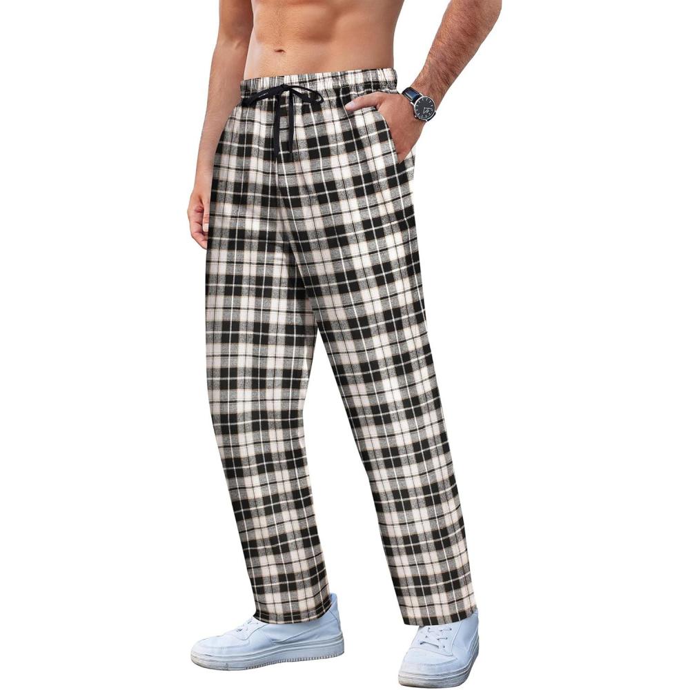 imageCOOFANDY Mens Plaid Casual Pants Soft Cotton Pajama Pants Drawstring Checkered Lounge Sweatpant with PocketsApricot Black White Plaid