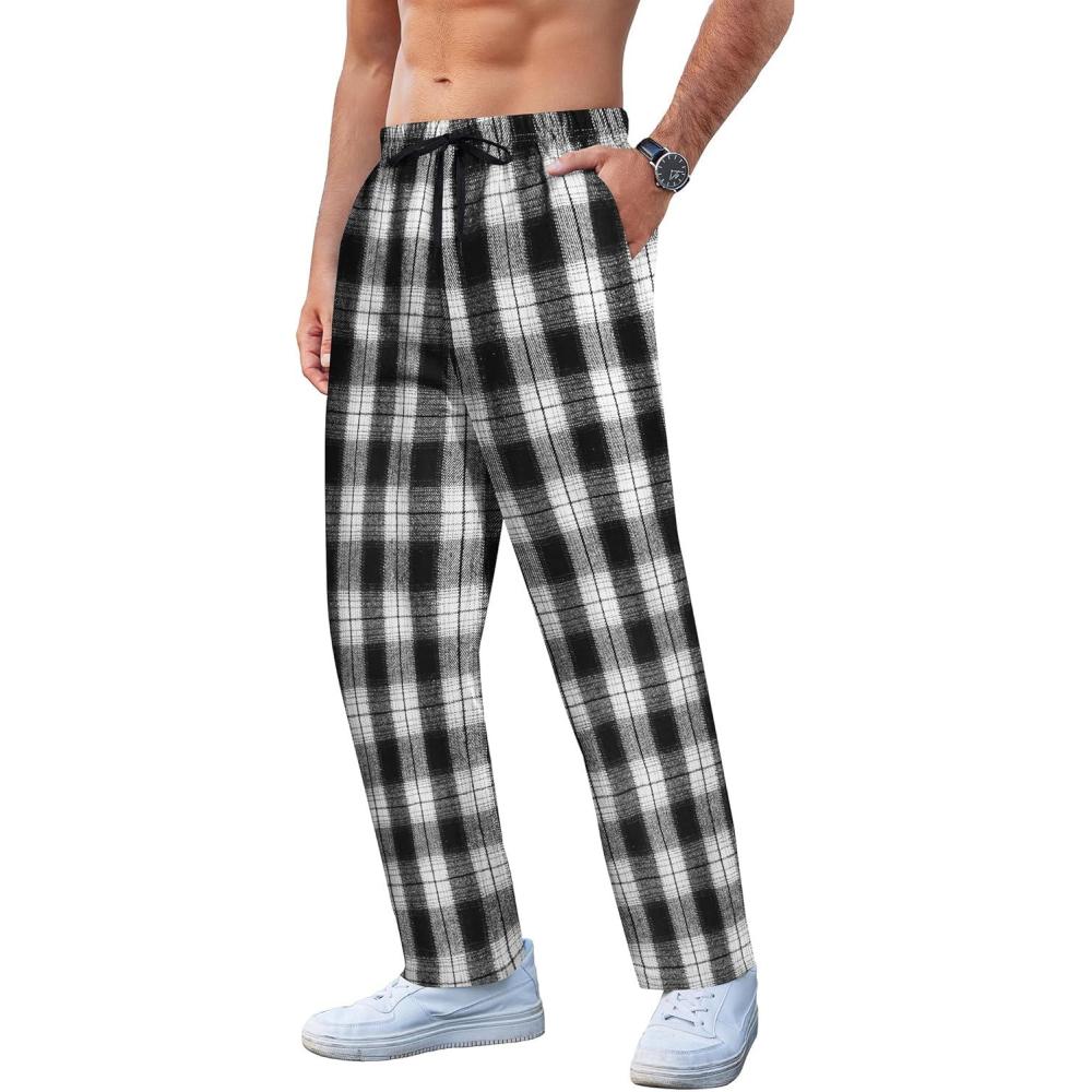 imageCOOFANDY Mens Plaid Casual Pants Soft Cotton Pajama Pants Drawstring Checkered Lounge Sweatpant with PocketsBlack White Plaid Heavyweight