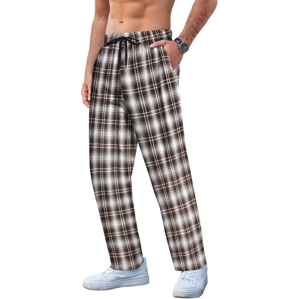 imageCOOFANDY Mens Plaid Casual Pants Soft Cotton Pajama Pants Drawstring Checkered Lounge Sweatpant with PocketsBrown Black White Plaid