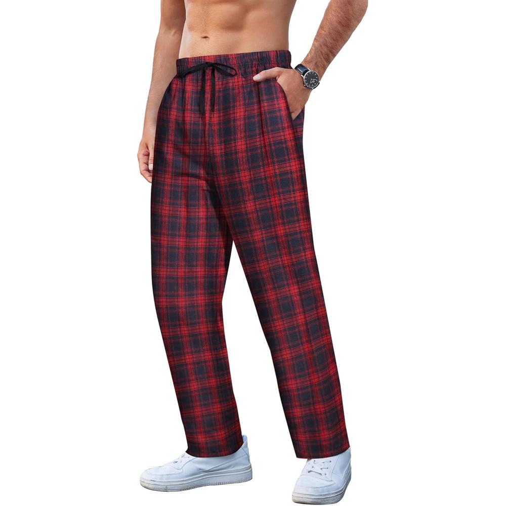 imageCOOFANDY Mens Plaid Casual Pants Soft Cotton Pajama Pants Drawstring Checkered Lounge Sweatpant with PocketsNavy Red Plaid